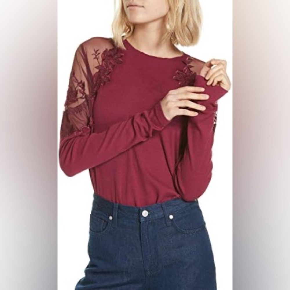 Free People Daniella maroon burgundy sheer mesh shoulder long sleeve top medium